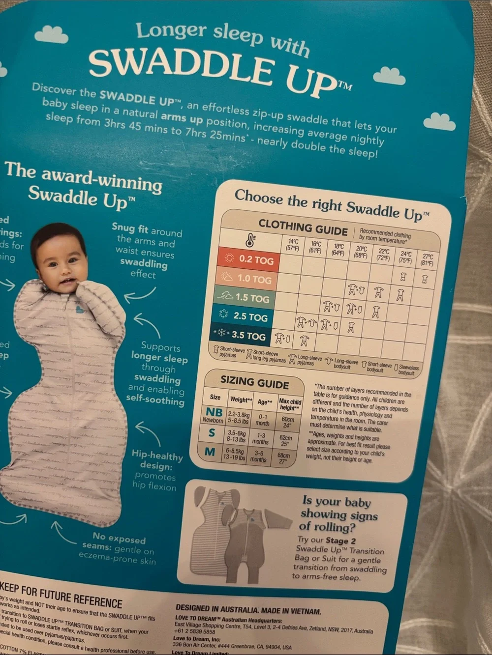 Love to Dream Swaddle Up Stage 1 Baby Sleep Suit - Blue - M